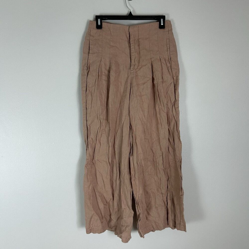 Lanhtropy Womens Cropped Linen Pants Beige Boho Size M Tan Wide Leg Pleated